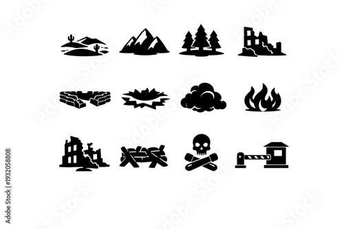 Battlefield Environment. Solid icon set of Battlefield Environment: desert terrain, mountain terrain, forest terrain, urban ruins, trench line, crater hole,