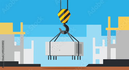 A vector illustration depicts a crane's hook lowering a large concrete slab at a construction site with incomplete buildings under a blue sky.