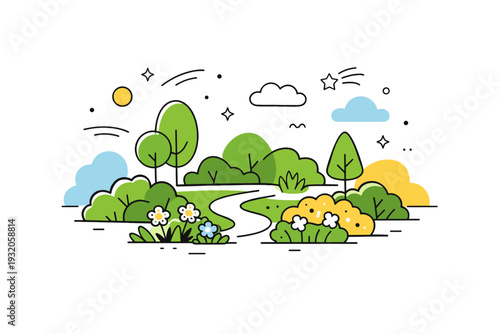 Pocket park greenery. Small trees, bushes, and flowers arranged in a compact urban space, no people present. Quiet natural balance inside the city, abstract