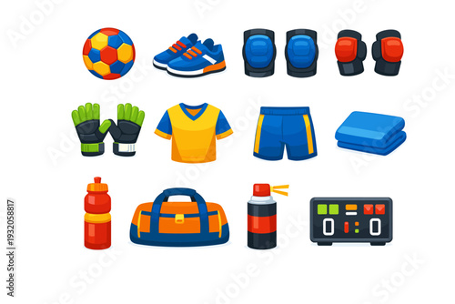 Handball equipment. Colorful flat vector icons set of handball equipment: handball ball texture, sports shoes, knee pads, elbow pads, goalkeeper gloves, jersey