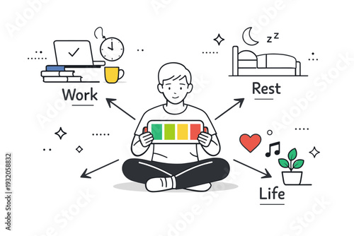 Maintaining functionality. A person carefully allocating limited energy between work, rest, and personal life, showing quiet resilience. Thoughtful scene