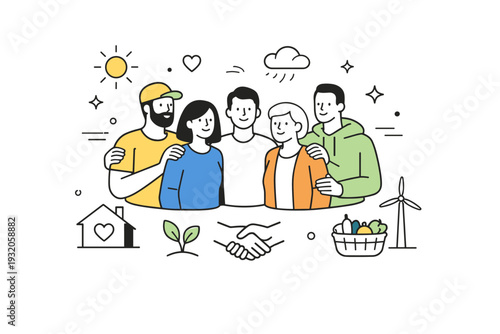 Resilient communities concept. A calm editorial scene of people standing together, supporting each other through shared effort and trust. The mood suggests