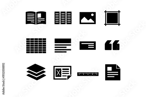 Editorial Layout Design. Solid icon set of Editorial Layout Design: magazine spread, text columns, image placeholder, margin guides, baseline grid, headline