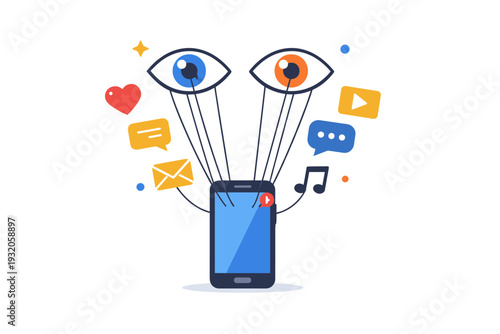 Attention economy shown as a smartphone pulling visual strings attached to eyes and icons symbolizing apps media and messages. The illustration conveys capture