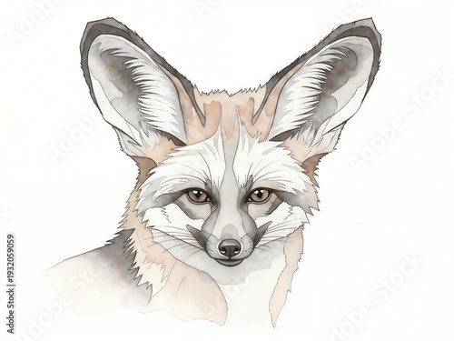 Watercolor portrait of a Fennec fox with large ears, showcasing soft colors and gentle brush strokes. Soft watercolor illustration of a Bat-eared fox, highlighting its large ears and delicate features