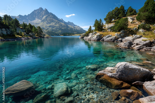 Crystal clear mountain lake with rocky shore and trees