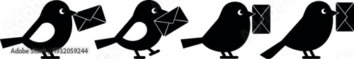 Flat design mail bird icons sequence showing four black birds holding envelopes side view minimalist vector art simple monochrome silhouette