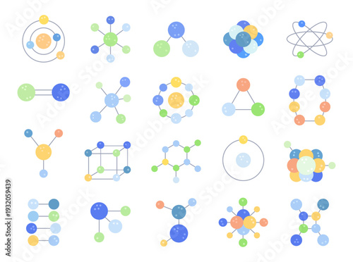 Educational atom and molecule set in scandinavian style featuring nucleus orbitals bonds lattice rings clusters physics chemistry school science for your illustration