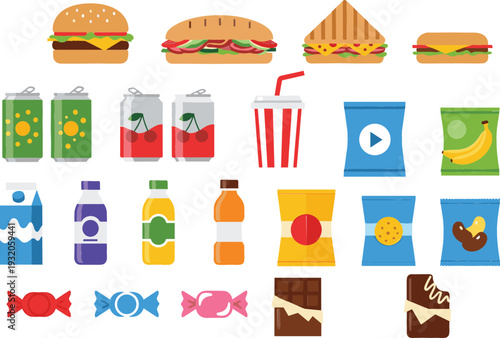 Fast food snack and drink cartoon vector set with burgers, sandwiches, soda cans, juice bottles, chips, candies, and sweets for menu and packaging designs