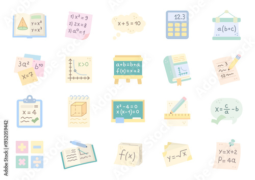 Algebra education set in scandinavian style with textbook worksheet calculator blackboard notebook ruler cube function graph equation formula practice problems learning