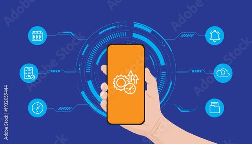 Mobile productivity concept featuring smartphone with application management icons and futuristic circular interface. Illustration represents task organization, cloud synchronization