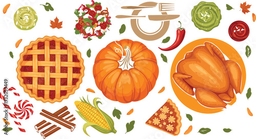 Thanksgiving autumn food illustration vector set with roasted turkey, pumpkin, pie, corn, candy, spices, and seasonal dishes for holiday designs