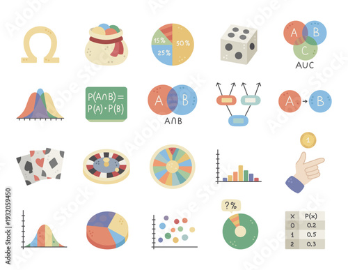 Probability theory set in scandinavian style featuring sample space dice cards roulette wheel distributions histograms scatter plots venn diagrams formulas