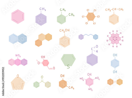 Organic chemistry set in scandinavian style featuring benzene derivatives heterocycles polycyclic hydrocarbons aldehydes ketones phenols acids nitrated molecules structural formulas