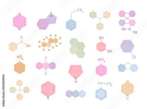 Organic chemistry set in scandinavian style featuring ethylbenzene aniline pyrazine fluorene spirobifluorene pyrene chrysene benzoic acid styrene chlorobenzene nitrobenzene anthraquinone