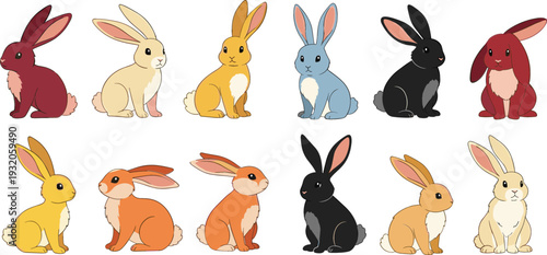 Cute cartoon rabbit character vector set with colorful bunny poses and expressions for kids illustration, games, education, stickers, and animal themed designs