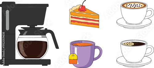 Coffee machine and hot beverage cartoon vector set with espresso cups, tea mug, dessert slice, and cafe drink elements for menu and branding designs