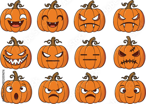 Cute cartoon Halloween pumpkin faces vector set with spooky, funny, scary jack o lantern expressions for holiday decoration, stickers, kids designs, and illustrations