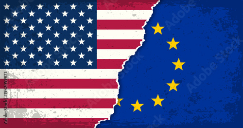 Concept showing geopolitical conflict USA and EU. USA national flag vs EU flag.