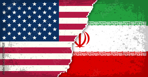 Concept showing geopolitical conflict iran and usa. usa national flag vs iran national flag.