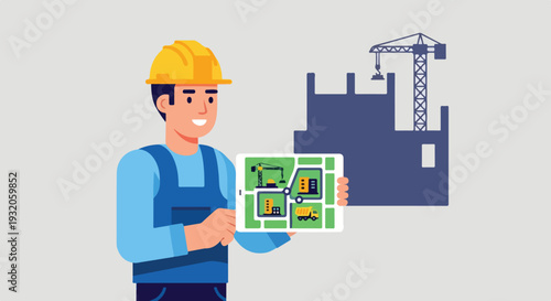 A smiling cartoon construction worker in a hard hat and overalls holds a tablet displaying a digital map of a construction site.