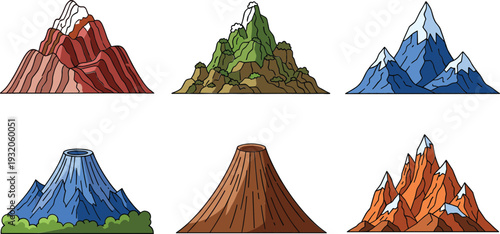 Colorful cartoon mountain and volcano landscape vector set with snowy peaks, rocky terrain icons for games, maps, nature, and illustration projects