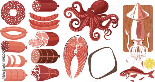 Fresh seafood and meat cuts cartoon vector set with fish, octopus, squid, sausages, and raw ingredients for food, menu, and market designs