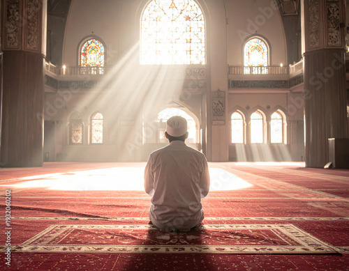 Silhouette of a Muslim man praying inside mosque during Ramadan. Spiritual Islamic worship concept with peaceful atmosphere and warm light.