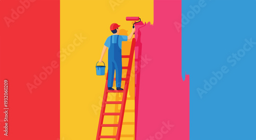A painter on a ladder is transforming a yellow wall into vibrant pink, flanked by solid red and blue sections, symbolizing a colorful renovation.