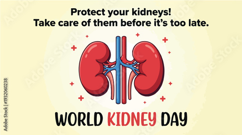 Graphic illustration of human kidneys with text promoting World Kidney Day awareness on a pale yellow background
