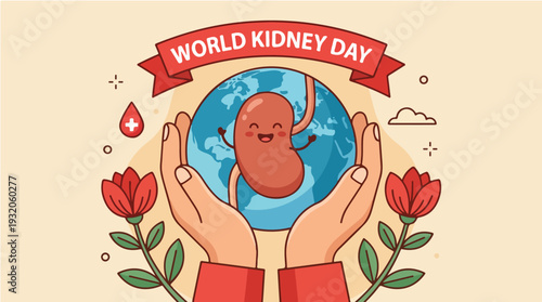 Illustration of hands cradling a globe with a kidney on World Kidney Day surrounded by flowers and a banner with a drop of blood on a beige background