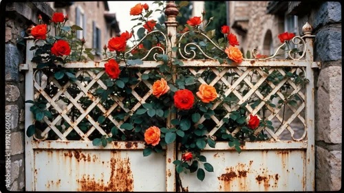 Red roses blooming on vintage iron gate moving gently in wind cinematic summer garden footage