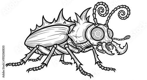 Black and white sketch of a bug, featuring unique details and an artistic design. Detailed illustration of an insect with unique features and design  