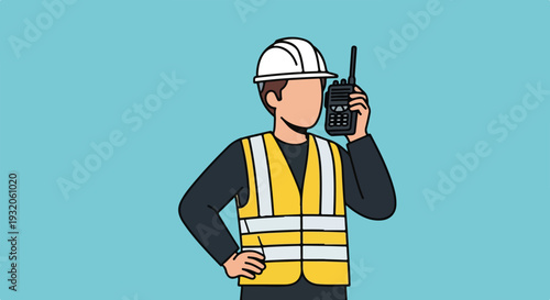A stylized worker, wearing a white hard hat and yellow safety vest, communicates via a walkie-talkie on a light blue background.