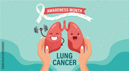 Illustration of hands holding lungs with one smiling and the other frowning, surrounded by Lung Cancer Awareness Month ribbon and text on teal background, promoting Kidney Day and health