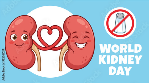 Illustration of two cheerful cartoon kidneys with a heart symbol between them on a blue background with World Kidney Day text