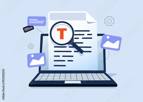 Content writing and blogging concept with desktop computer displaying document and image thumbnails for creative digital marketing. Vector illustration. Blogging, copywriting digital marketing