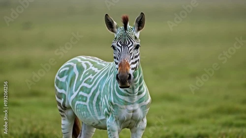 Unique green striped zebra stands in grassy field, animal portrait, wildlife footage
