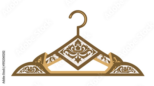 A decorative clothes hanger illustration with a tan and brown color scheme and elaborate floral designs
