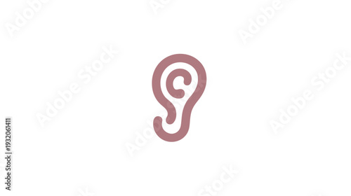 Minimalist illustration of a human ear, rendered in a muted mauve color on a white background