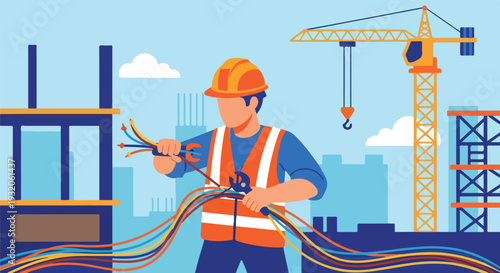 An electrician in a hard hat and safety vest works with colorful electrical wires at a bustling construction site featuring buildings and a crane.