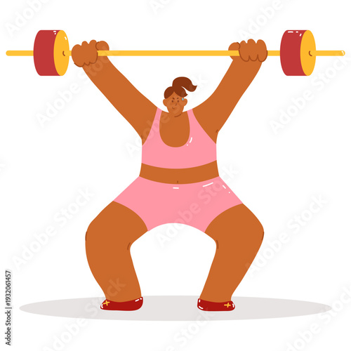 Strong plus size woman lifting barbell overhead. Body positive female character in pink outfit showing power and confidence. Flat modern style isolated on light background.
