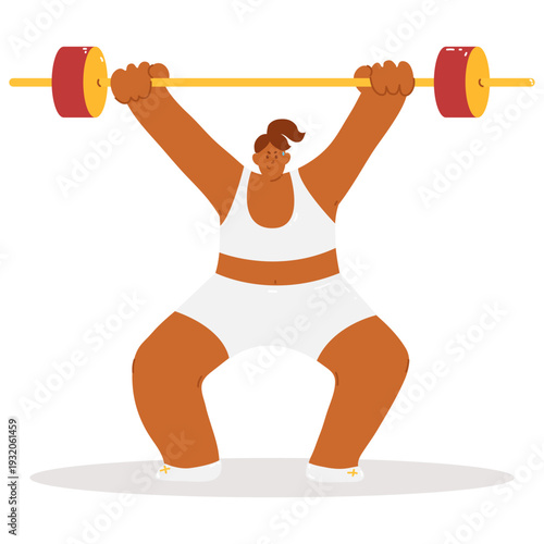 Strong plus size woman lifting barbell overhead. Confident female character in white outfit showing strength and determination. Modern flat style isolated on light background.