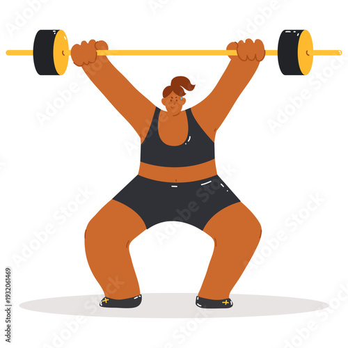 Strong plus size woman lifting barbell overhead. Confident female character in black outfit showing power and determination. Modern flat style isolated on light background.