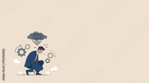 Stressed businessman feeling overwhelmed and under pressure at work, mental health concept with dark cloud and gears symbolizing anxiety, burnout, and professional exhaustion in office setting