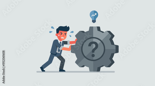 Stressed Businessman Pushing a Heavy Gear with Question Mark, Metaphor for Problem Solving, Finding Solutions, Overcoming Business Challenges, Hard Work, and Innovation in Corporate Environment