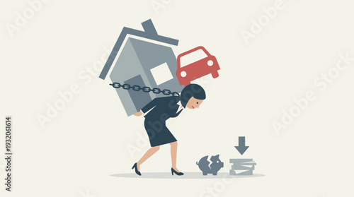 Businesswoman Carrying Heavy Burden of House and Car Debt with Chains, Financial Crisis and Bankruptcy Concept Illustration with Broken Piggy Bank and Unpaid Bills Representing Economic Stress