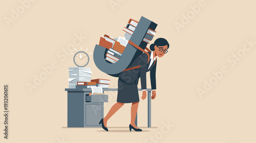 Tired Businesswoman Carrying Heavy Word Job Filled with Files on Her Back, Concept of Work Overload, Stress, and Burnout in Corporate Office Environment, Exhausted Female Employee Struggling
