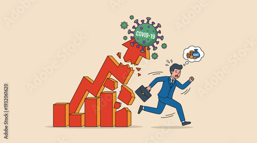 Businessman in Panic Running from Collapsing Bar Graph and Falling Arrow Caused by COVID-19 Pathogen, Thinking About Debt and Financial Loss During Global Economic Crisis and Pandemic Recession.