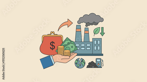 Carbon tax payment concept with factory emitting CO2 gas and money in hand. Industrial pollution charge for environmental damage, green energy transition, and climate change mitigation vector.